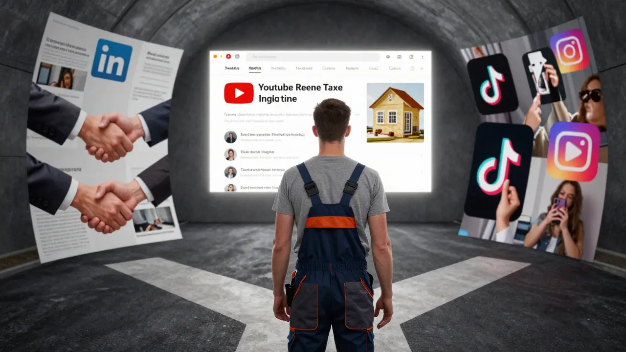 Eine Person an einer Kreuzung mit YouTube, LinkedIn und TikTok/Instagram als mögliche Wege.