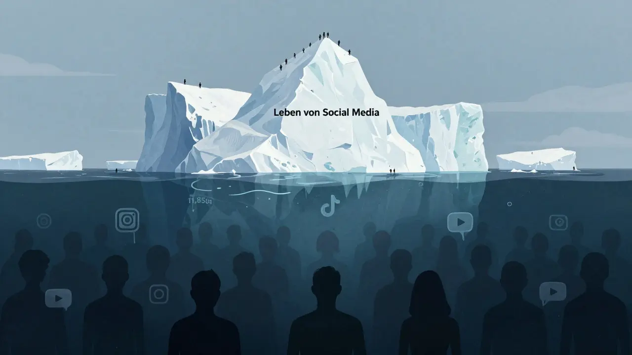 Eisberg mit nur 150 Influencern oben, tausende andere unter Wasser — Symbol für geringe Erfolgsquote.