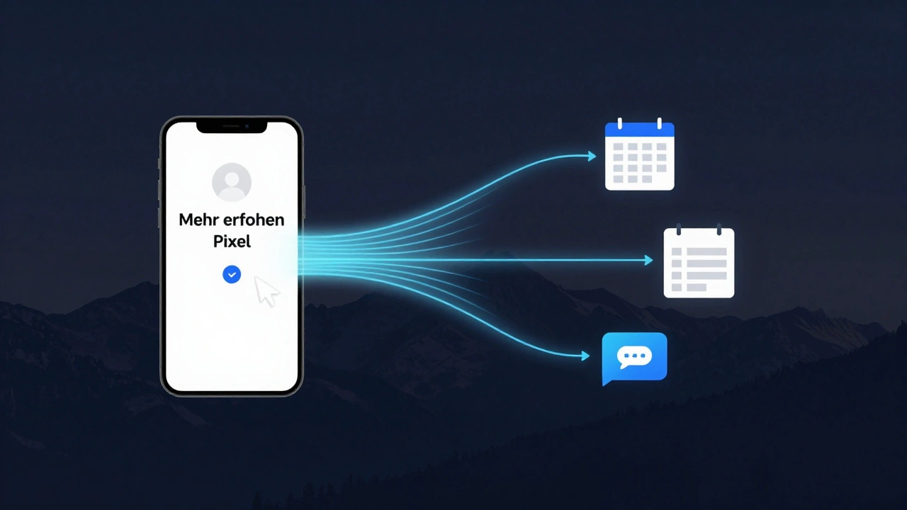Facebook-Pixel-Code auf einer Website mit Datenströmen, die zu Klicks, Buchungen und Nachrichten führen.