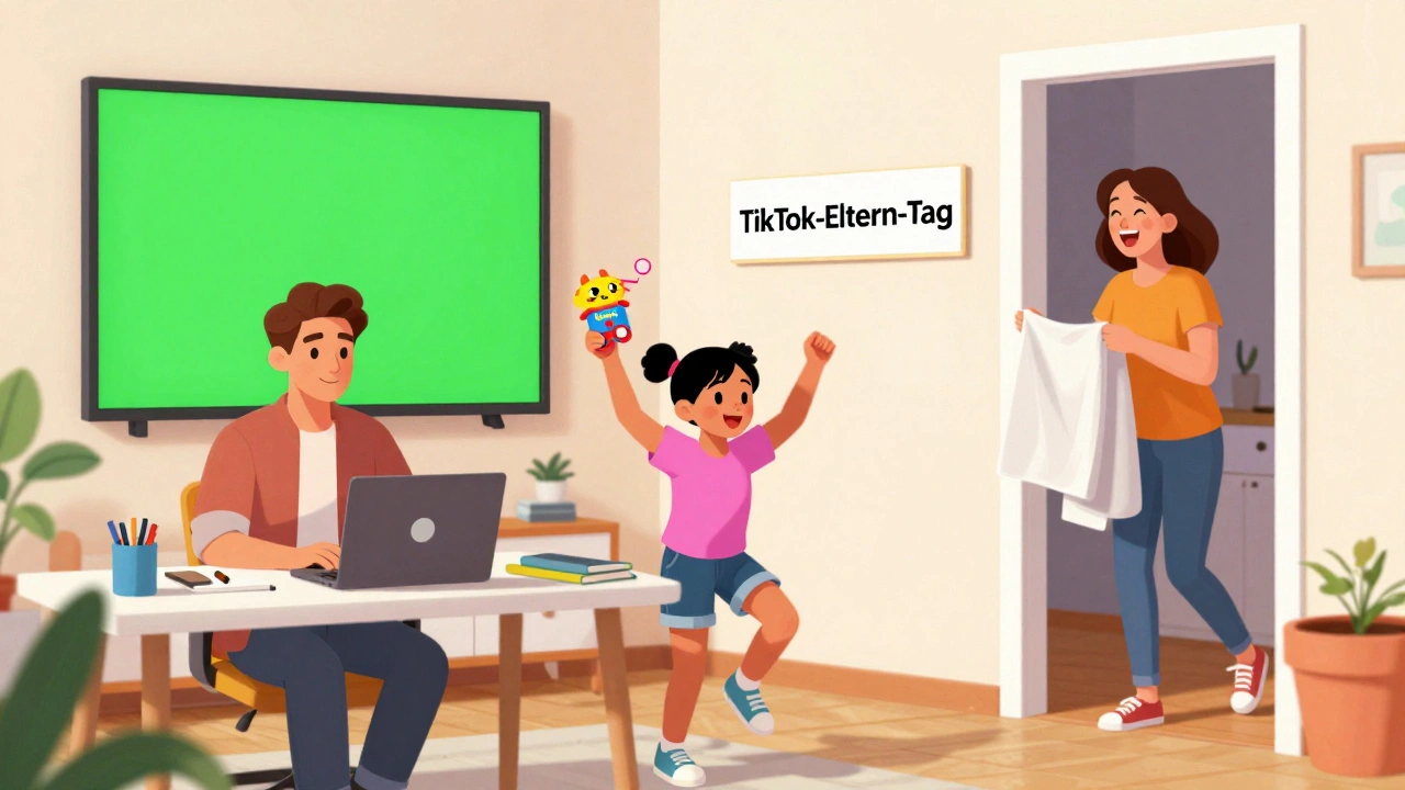 Familie Gruber im Homeoffice: Vater am Laptop, Tochter tanzt mit Spielzeug, Mutter in der Tür, bunte TikTok-Ästhetik.