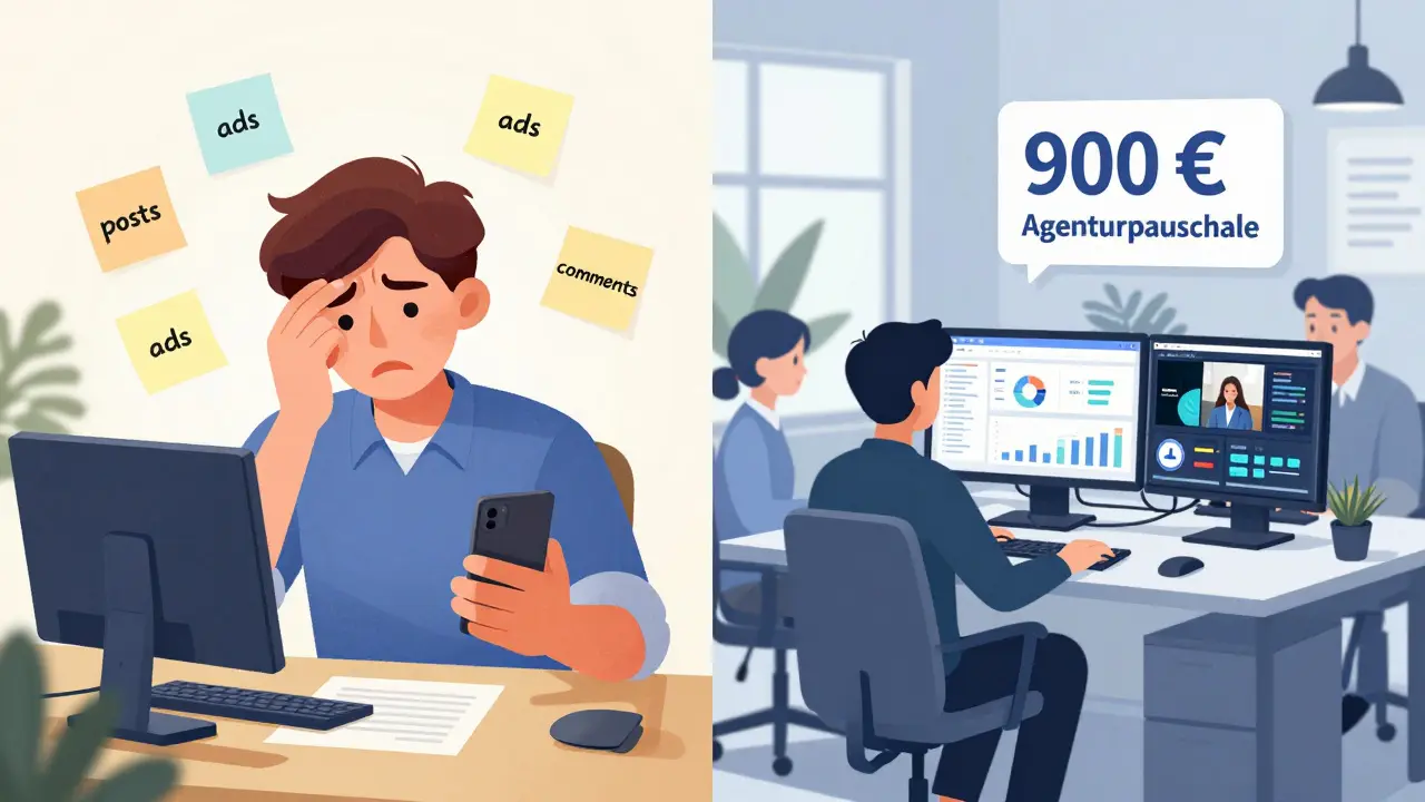 Gegenüberstellung: Einzelunternehmer mit Chaos am Handy vs. professionelles Team mit Analytics-Displays.