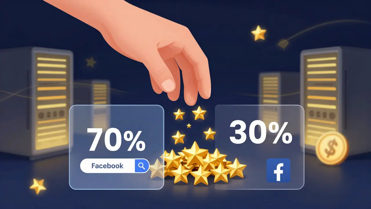 Goldene Sterne fallen in eine Sammlung, 70% gehen zum Creator, 30% zu Facebook-Infrastruktur.