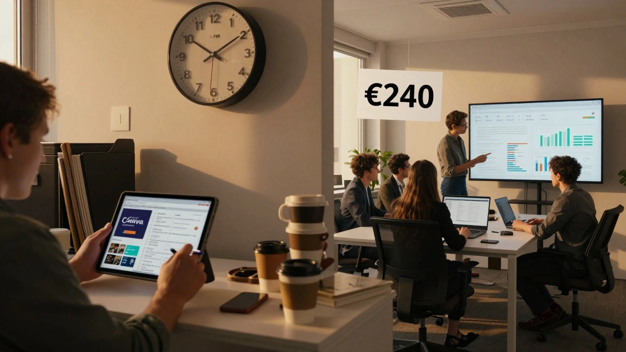 Kontrast: Selbstständiger arbeitet spät abends, Agenturteam analysiert Anzeigen am Bildschirm.