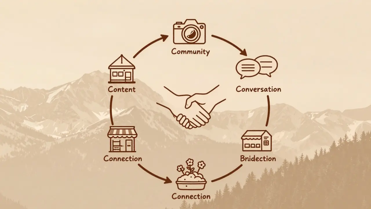 Kreislauf der 5 C's des Social Media Marketing mit symbolischen Elementen in warmen Farben.