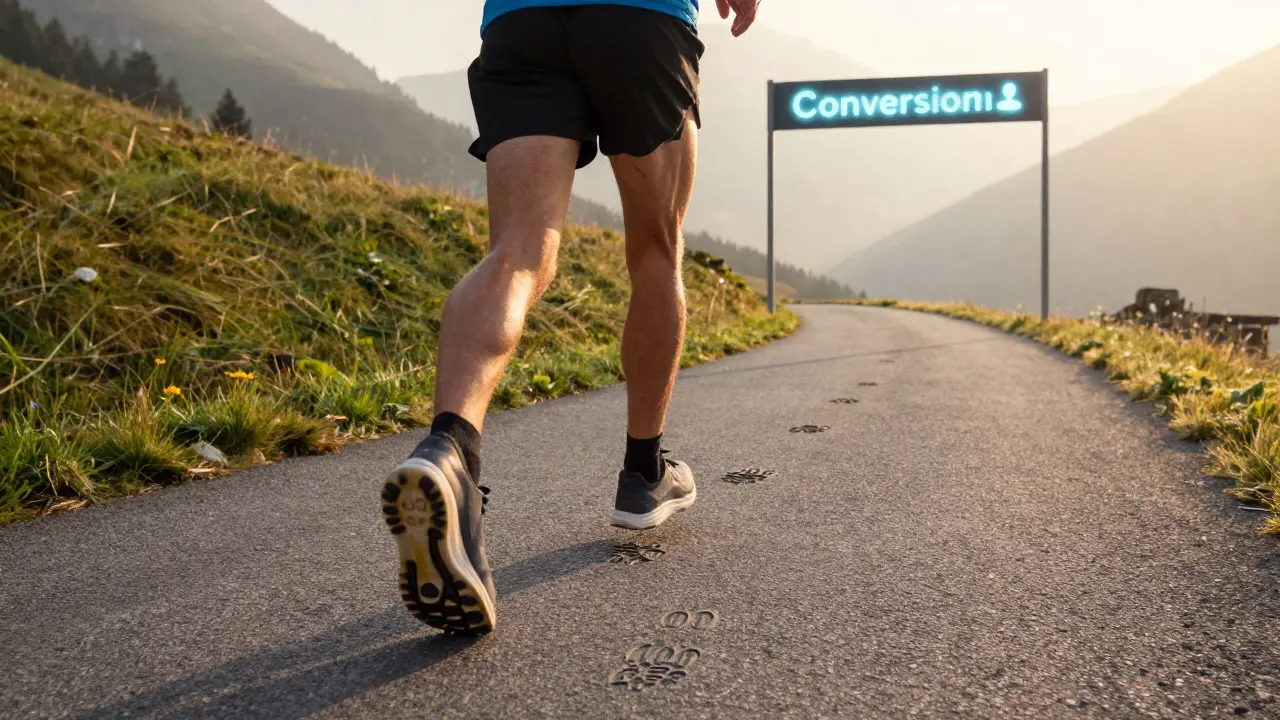 Läufer auf einem Weg durch die Alpen, jeder Schritt ist eine Impression, das Ziel ist Conversion.