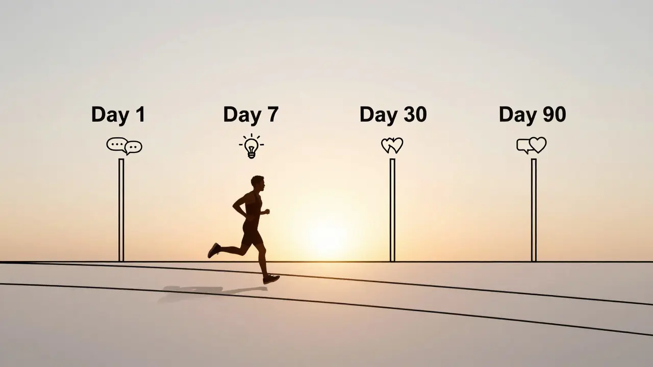 Läufer auf einem Weg mit Checkpoints, die die 5-5-5-Strategie über 90 Tage darstellen.