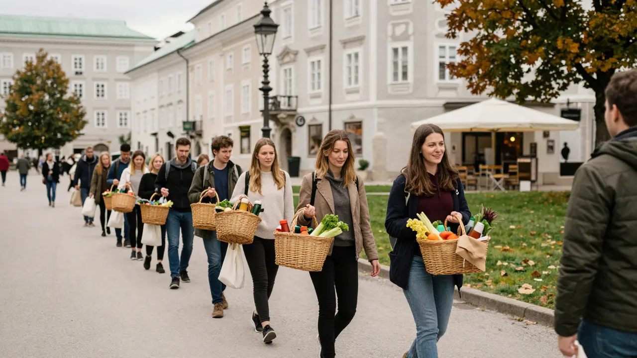 Lena Kainz führt eine Nachhaltigkeitstour durch Salzburg mit lokalen Einkaufstaschen und Bio-Produkten.