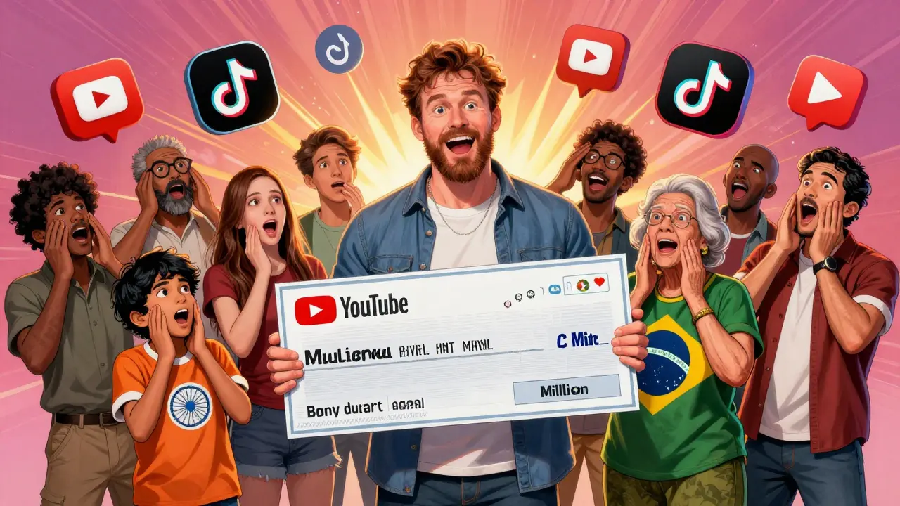 MrBeast übergibt eine große Spende an Menschen aus verschiedenen Ländern, soziale Medien schweben im Hintergrund.