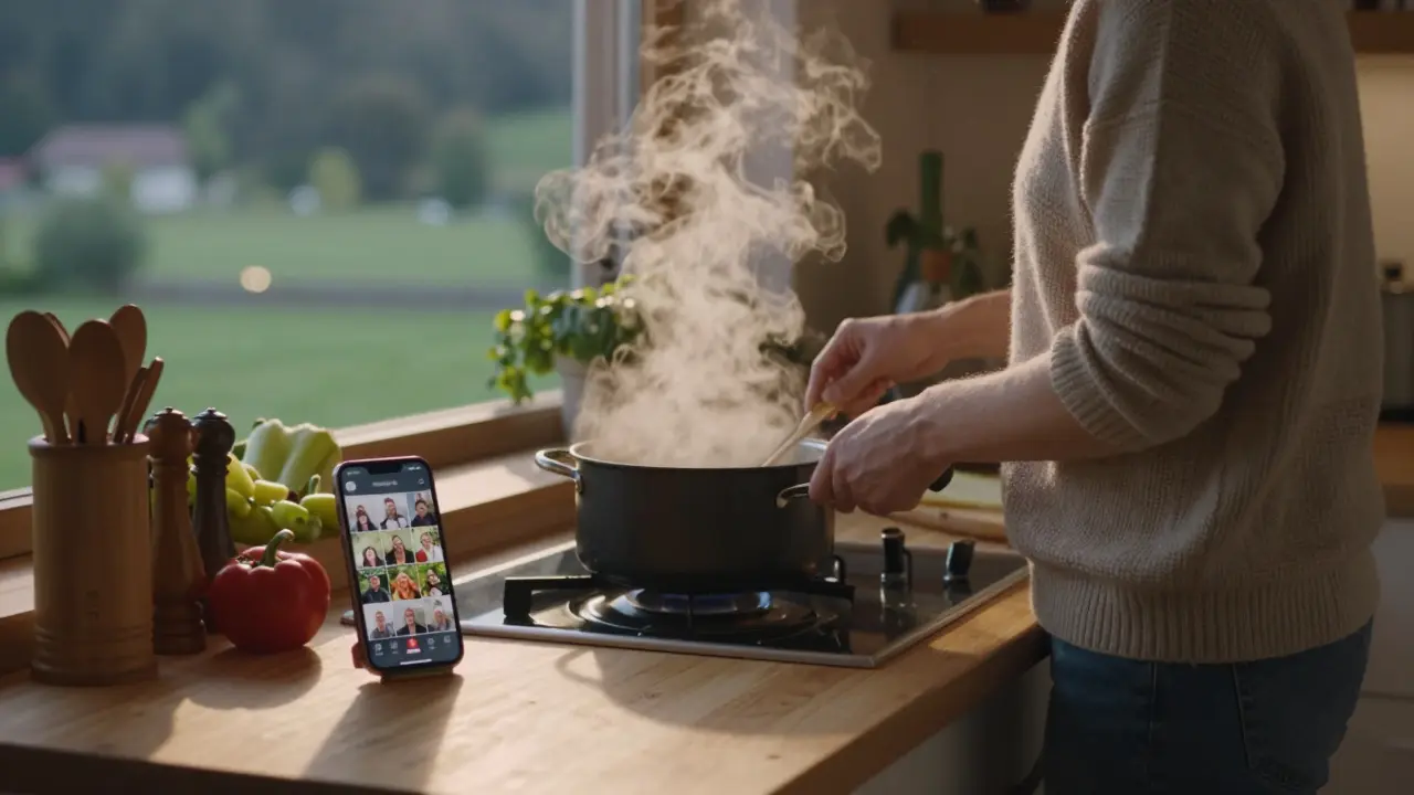 Österreichischer Creator kocht im Garten, Smartphone zeigt Live-Stream mit globalen Zuschauern, warme Abendbeleuchtung.