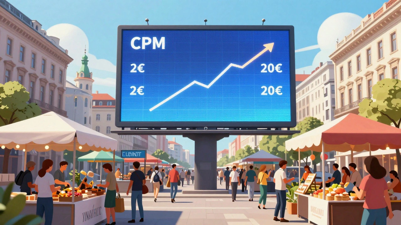 Städtischer Markt in Wien mit verschiedenen Werbetreibenden und sich ändernden CPM-Preisen auf einer digitalen Anzeige.