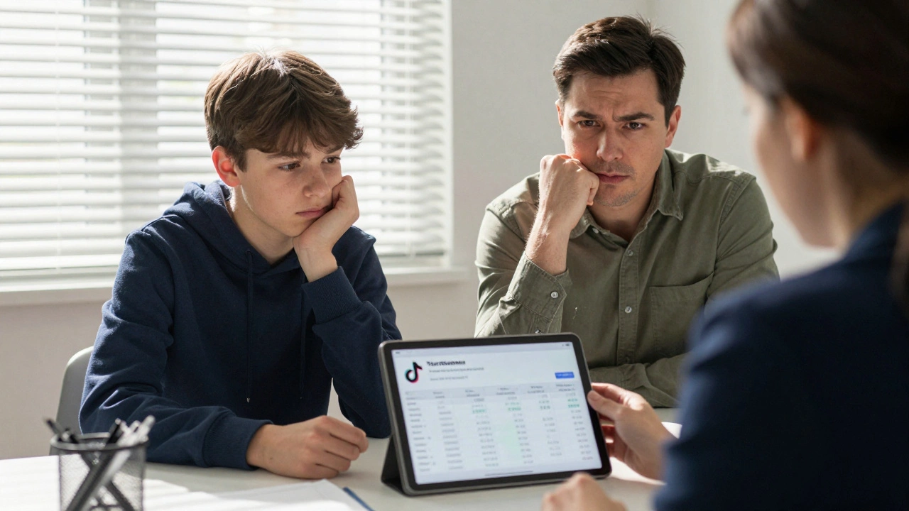 Teenager und Elternteil beraten sich mit Finanzberaterin in der Wirtschaftskammer über TikTok-Einkünfte.