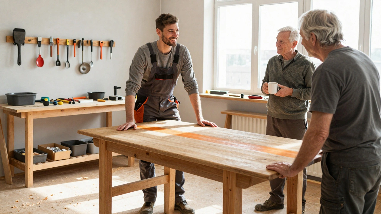 Tischler in Linz zeigt einem zufriedenen Kunden einen restaurierten Holztisch in seiner Werkstatt.