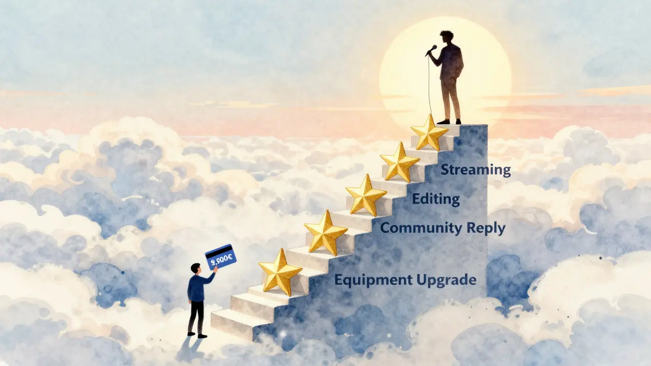 Treppe aus Facebook-Sternen führt zu einem Creator unter der Sonne, unten ein Käufer mit Kreditkarte.