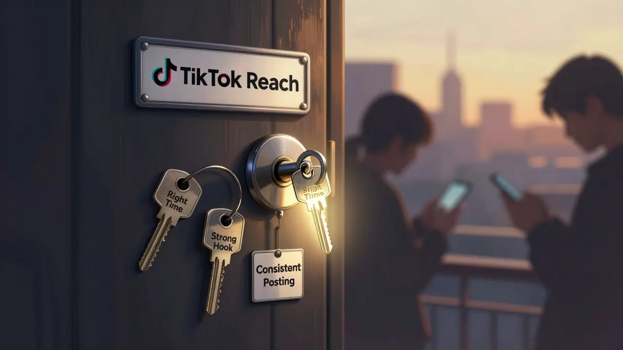 Verschlossene Tür mit drei Schlüsseln — nur der Schlüssel 'Richtige Zeit' leuchtet und öffnet den Weg zu TikTok-Reichweite.