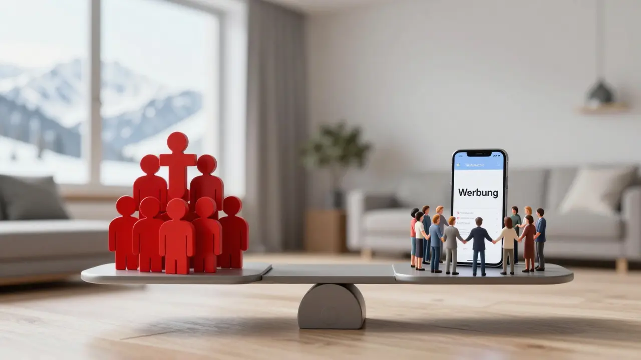 Waage, die gefälschte Follower gegen echte Community-Mitglieder abwägt, mit 'Werbung'-Kennzeichnung.