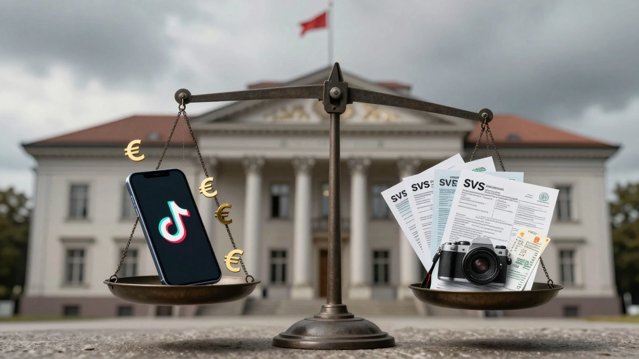 Waage mit TikTok-Geld auf einer Seite und Steuerunterlagen auf der anderen, dahinter Finanzamt.