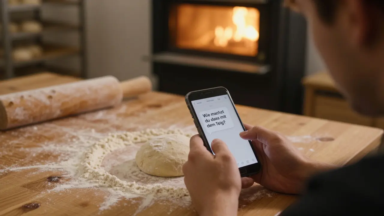 Bäcker in Salzburg beim Teigkneten, Smartphone filmt Hinter-den-Kulissen-Moment.