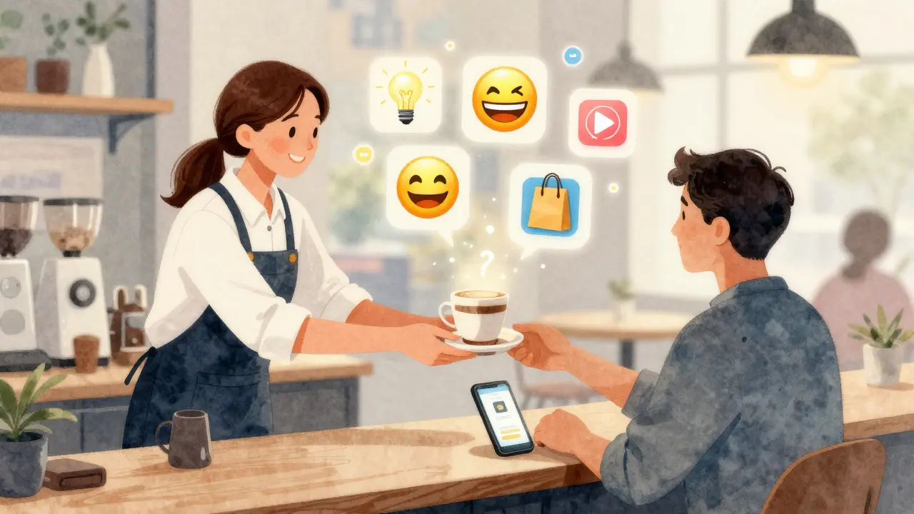 Barista reicht Kaffee, während digitale Symbole für Wert, Unterhaltung und Verkauf in der Luft schweben.