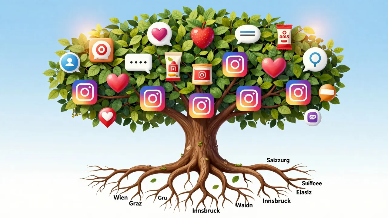 Baum mit Wurzeln aus Instagram-Profilen und Früchten aus Produkten, symbolisiert nachhaltige Kooperationen in Österreich.