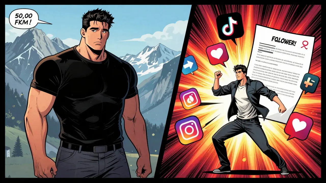 Comic-Stil: Kleiner Influencer mit hohem Engagement besiegt großen Influencer mit niedrigem Engagement.