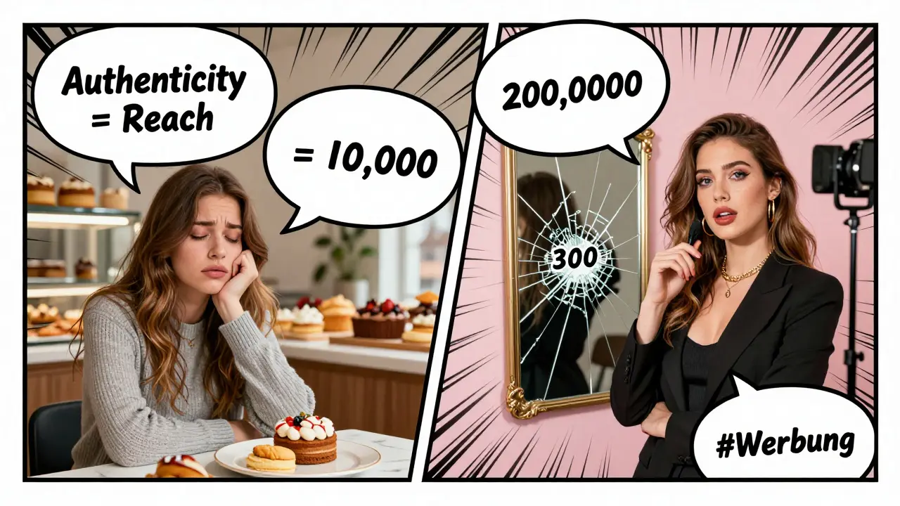 Comic-style contrast: authentic micro-influencer vs. hollow large-follower influencer.