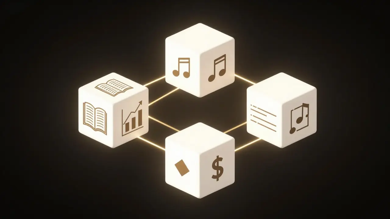 Drei farblich unterschiedliche Würfel, verbunden durch einen goldenen Faden, symbolisieren die 5-5-5-Regel.