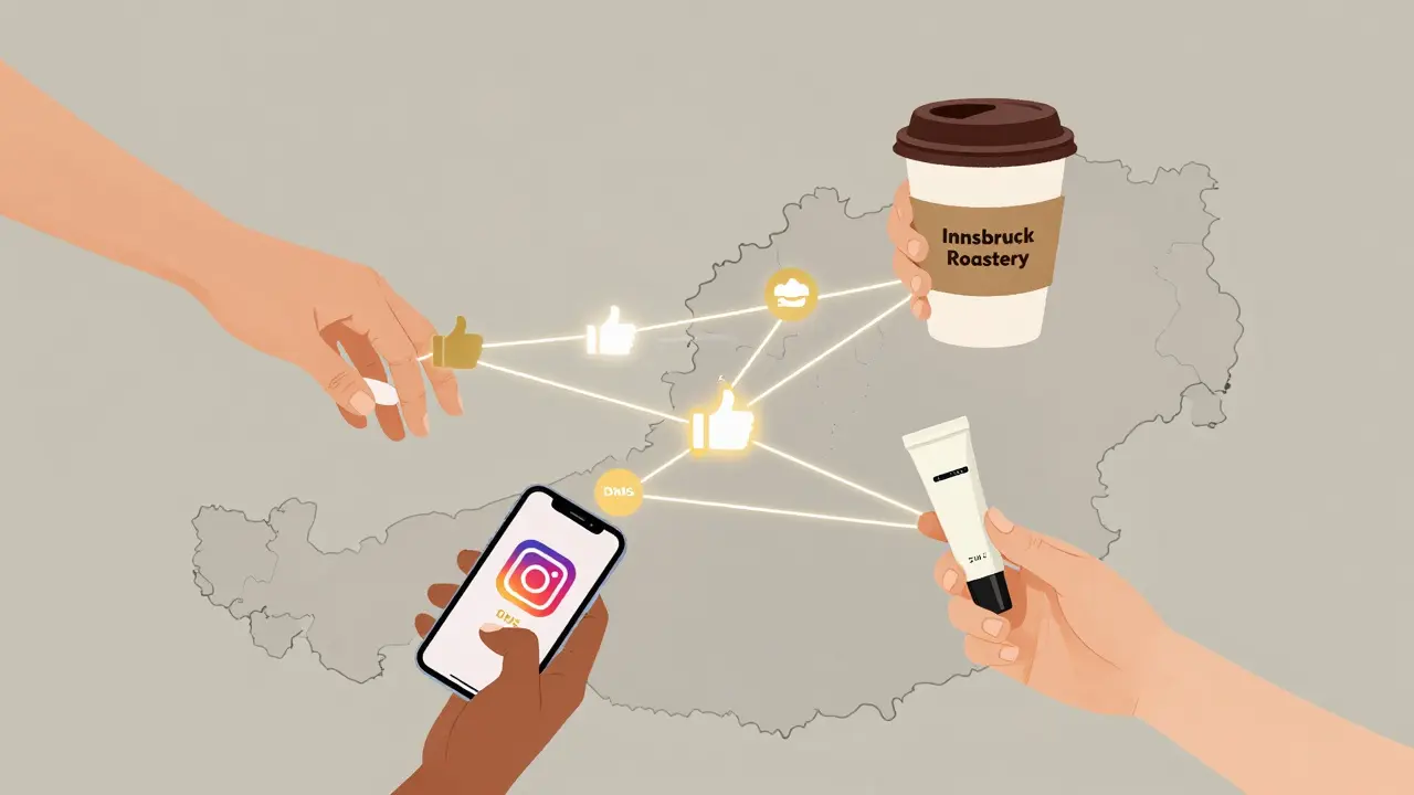Drei Hände verbinden lokale Marken und Influencer über eine Karte Österreichs mit Engagement-Elementen.