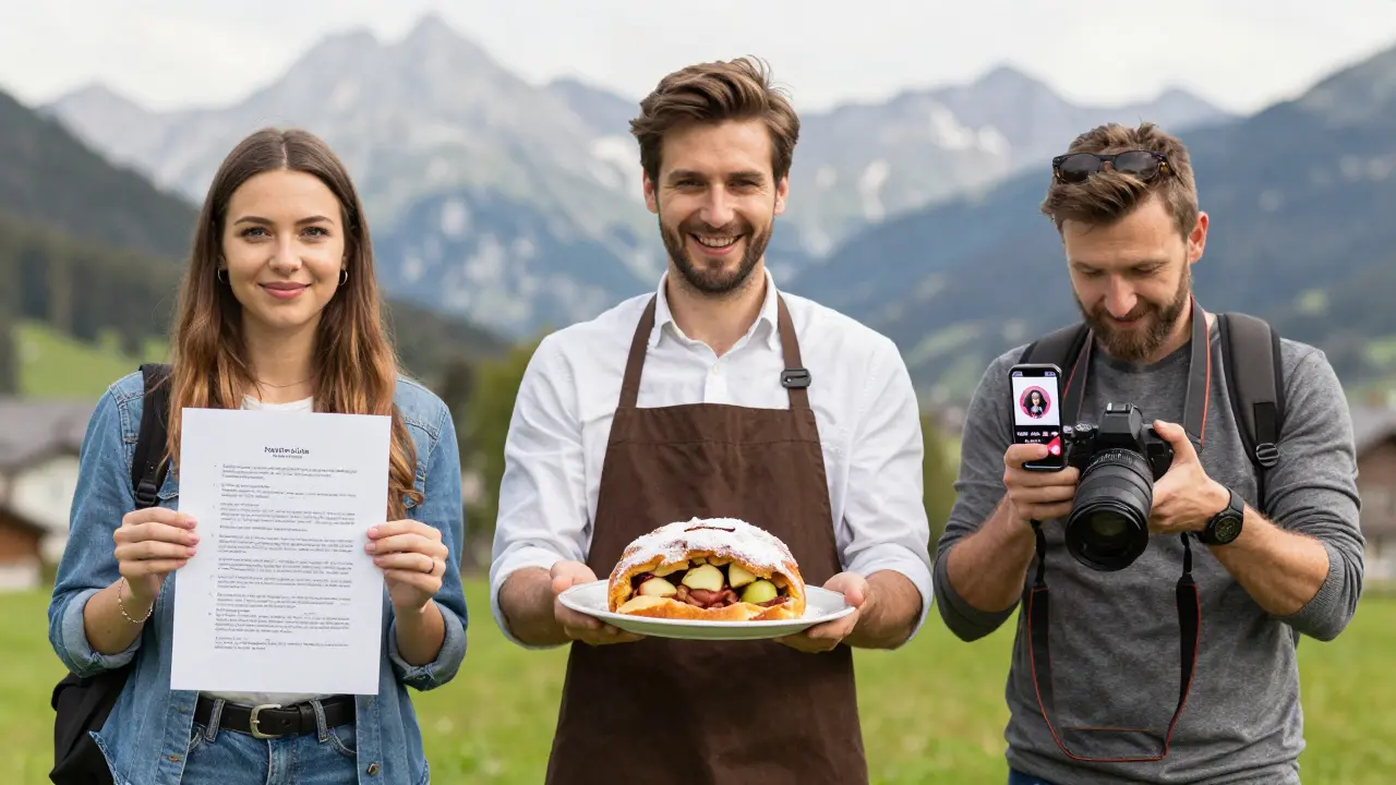 Drei österreichische Creator – Student, Bäcker, Fotograf – mit ihren TikTok-Profils und 'Link in Bio'-Hinweisen.