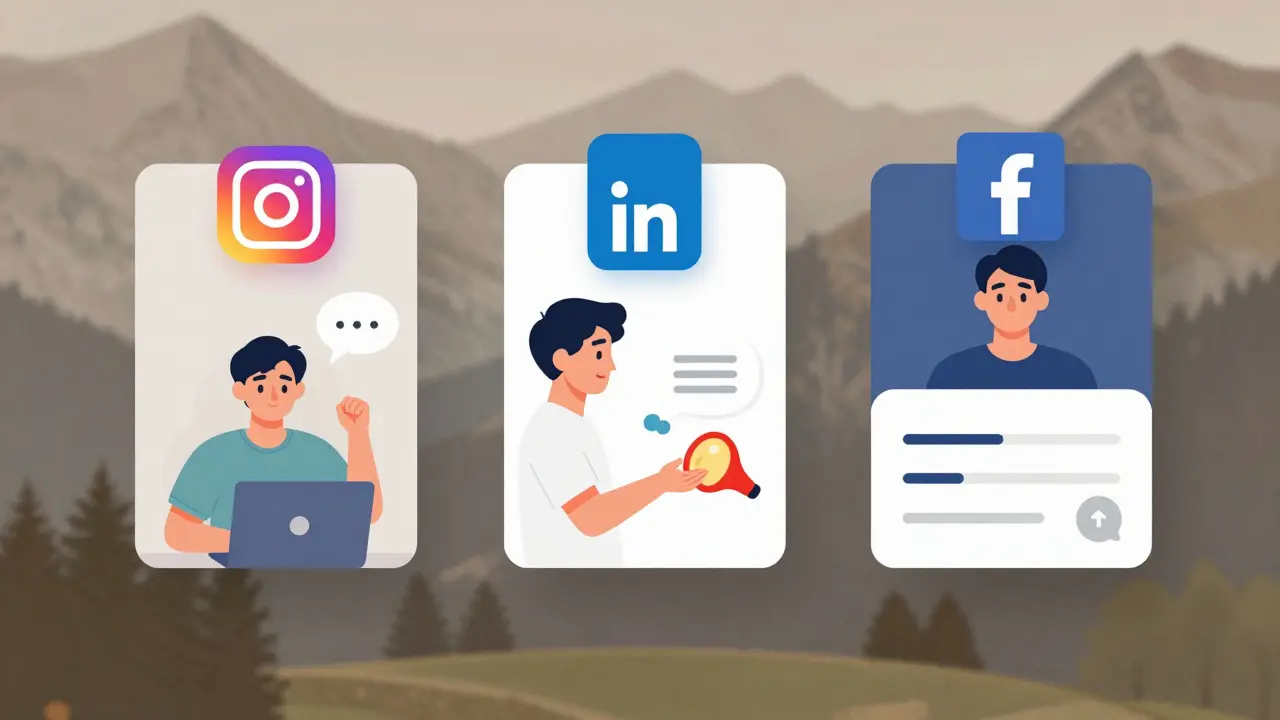 Drei Social-Media-Plattformen mit interagierenden Nutzern, Hintergrund alpine Landschaft.