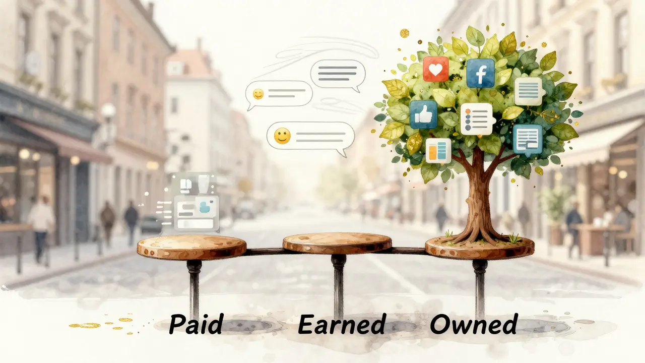 Dreibeiniger Hocker mit Paid, Earned und Owned als Beine, umgeben von digitalen und menschlichen Elementen.