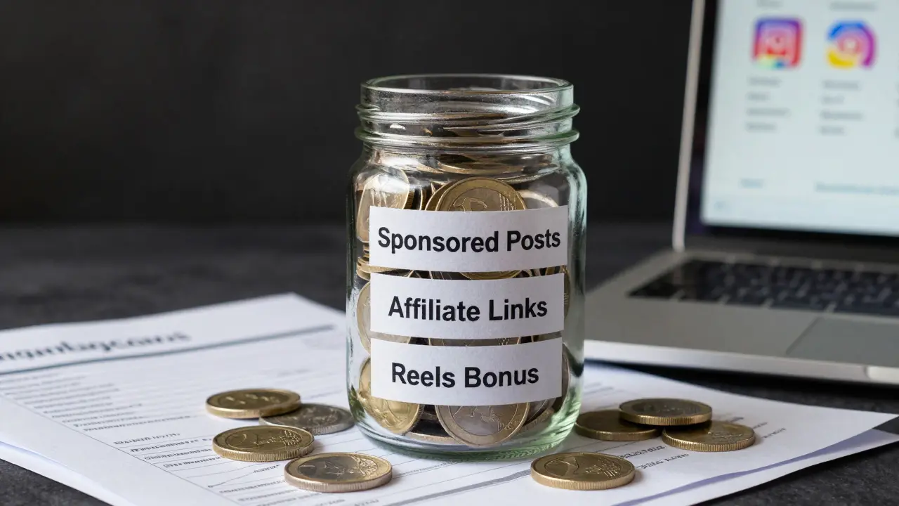 Durchsichtiges Glasgefäß mit Geldströmen aus Sponsored Posts, Affiliate-Links und Reels-Bonus auf Rechnungen und Laptop.
