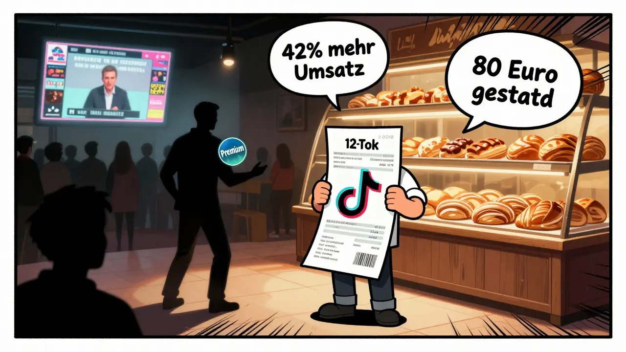 Ein Bäcker hält eine TikTok-Abrechnung, während ein Premium-Nutzer mit einer bezahlten Video-Tutorial-Kundengruppe erfolgreich verkauft.