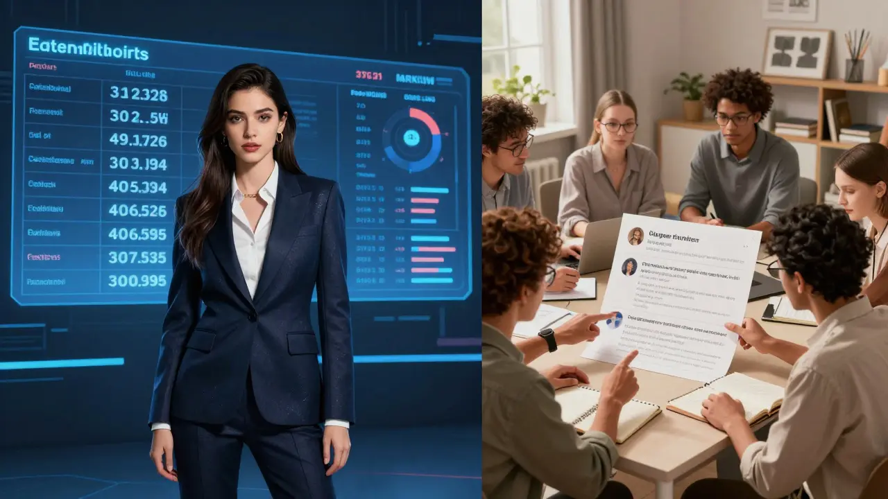 Ein glamouröser Influencer steht vor einem falschen Dashboard, während ein unsichtbares Team hinter ihm echte Daten analysiert.
