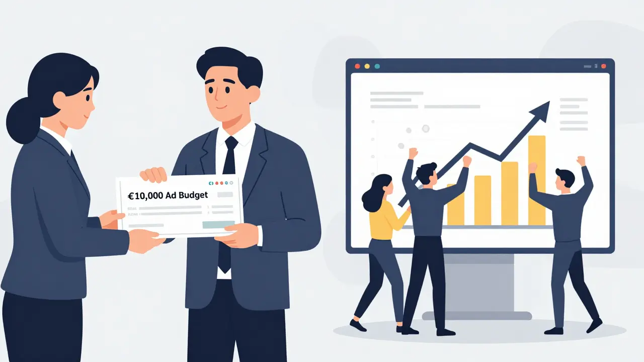 Ein Kunde gibt ein Werbebudget an eine Agentur, während gleichzeitig Umsätze durch die Anzeigen steigen.