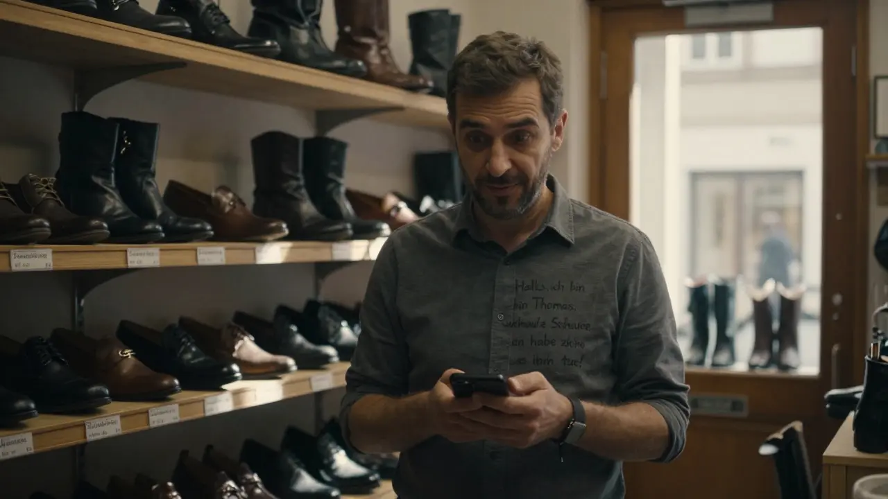 Ein Schuhhändler in Salzburg spricht ehrlich vor der Kamera in seinem Laden.