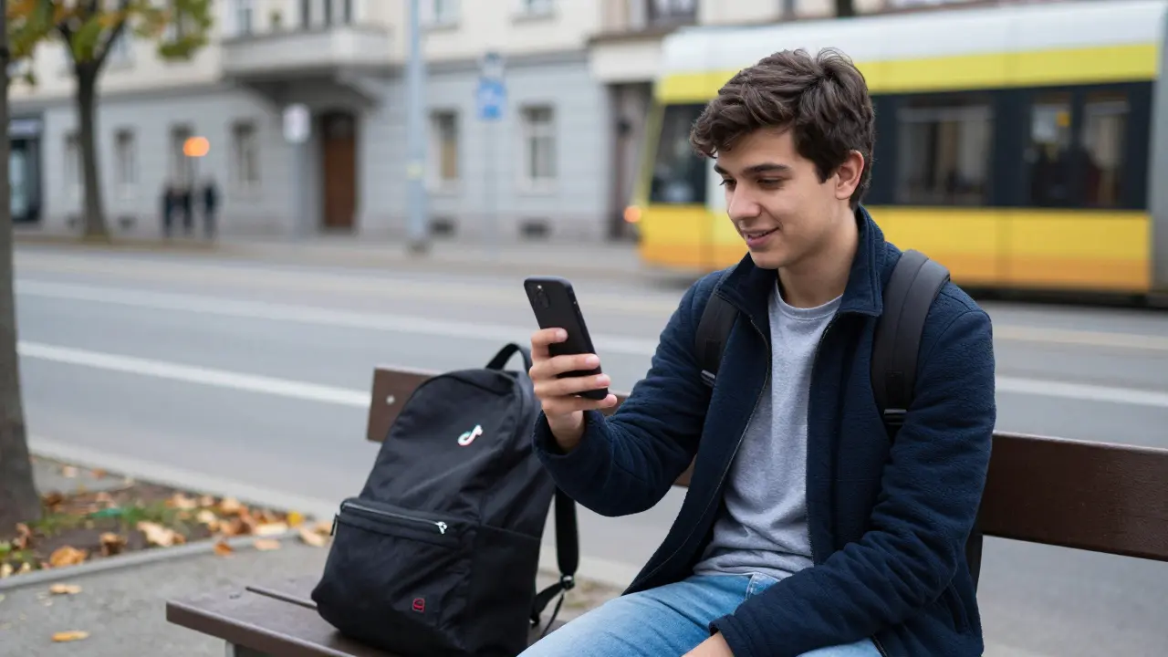 Ein Student in Graz nimmt ein einfaches TikTok-Video mit seinem Rucksack auf.