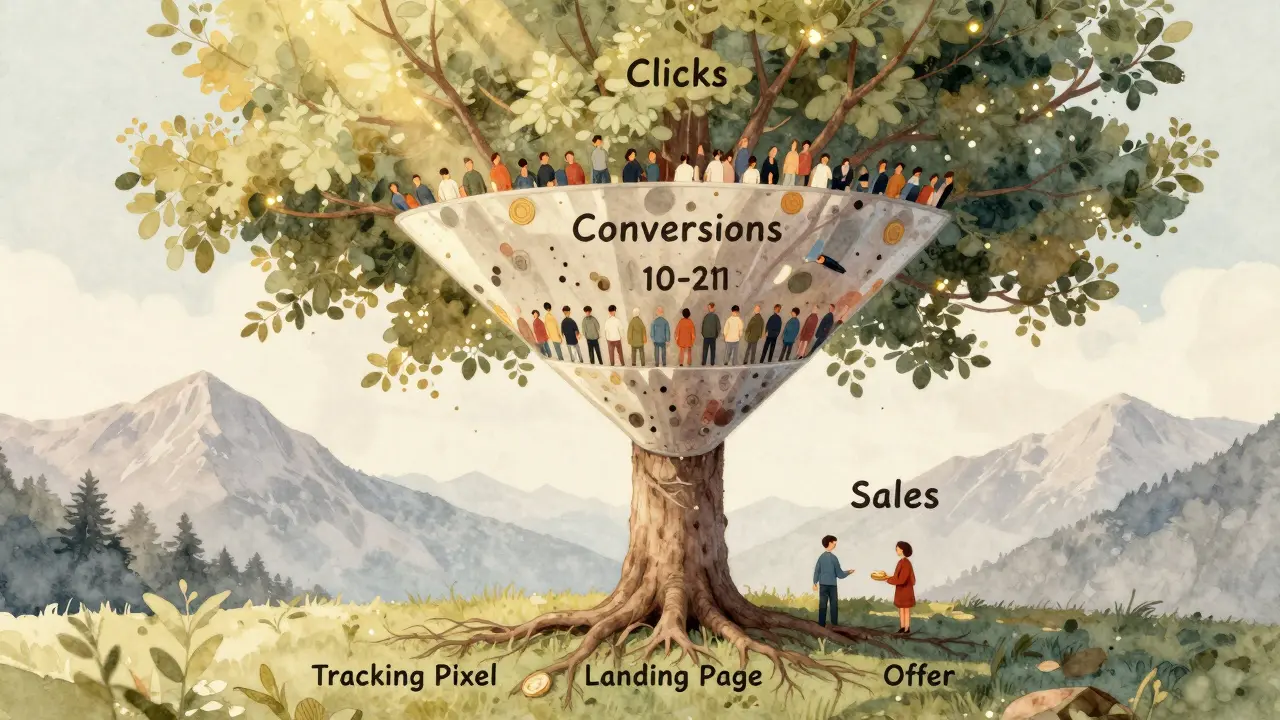 Ein Trichter verwandelt sich in einen Baum, der Conversion-Raten von Klicks zu Verkäufen darstellt.