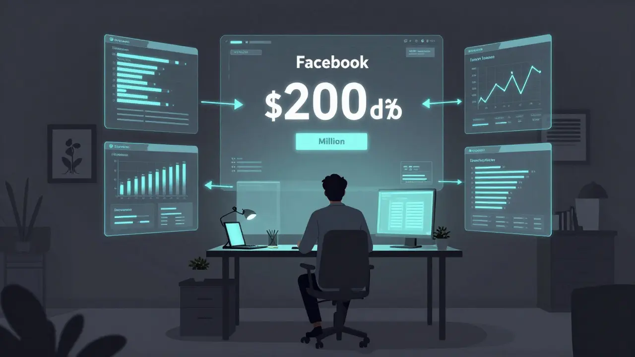 Ein Unternehmer mit holografischen Verkaufsdaten, die von einer einzigen Facebook-Anzeige ausgehen.