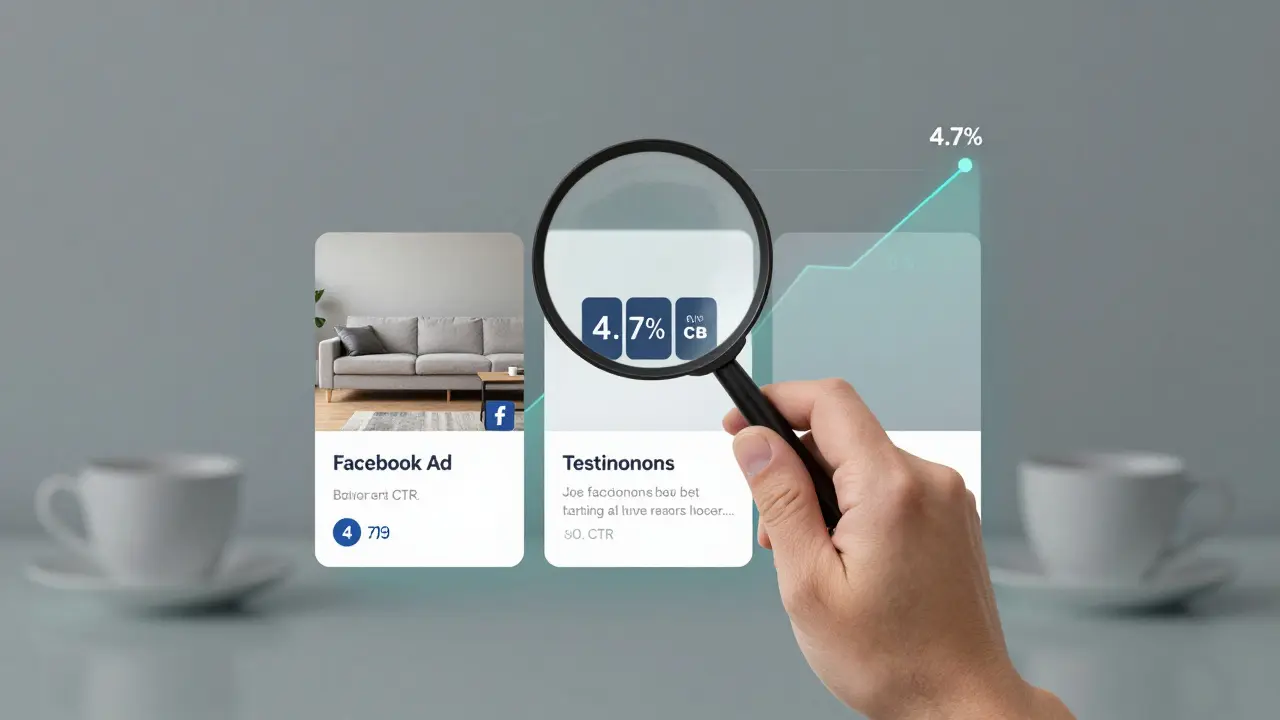 Eine Hand hält eine Lupe über drei Facebook-Anzeigen mit unterschiedlichen Conversion-Raten.