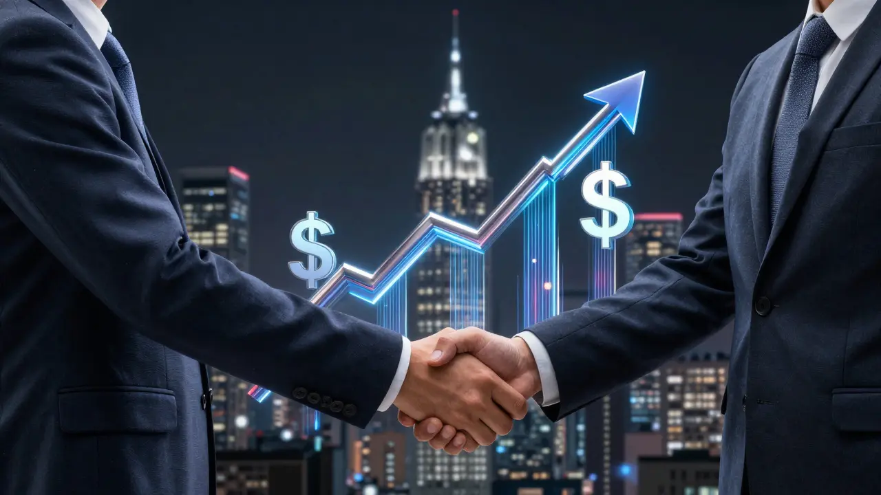 Eine Handshake-Szene mit Datenströmen, die Geschäftsbeziehung und Umsatzwachstum symbolisieren.