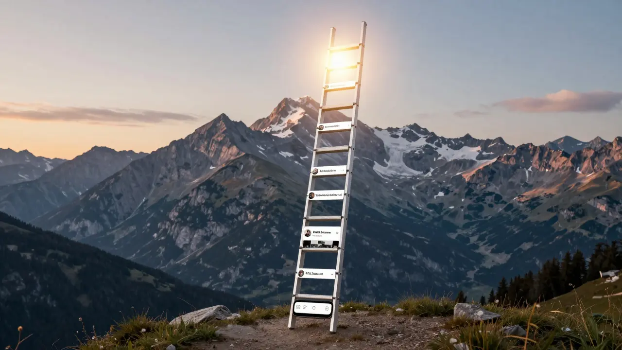 Eine Leiter aus Instagram-Posts führt von einem Smartphone zu einem österreichischen Berggipfel, jede Sprosse steht für eine Einkommensquelle.