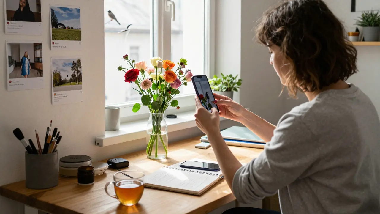 Frau filmt mit Smartphone Blumenarrangements in ihrem Wohnzimmer, Vögel sind zu hören, keine teure Ausrüstung.