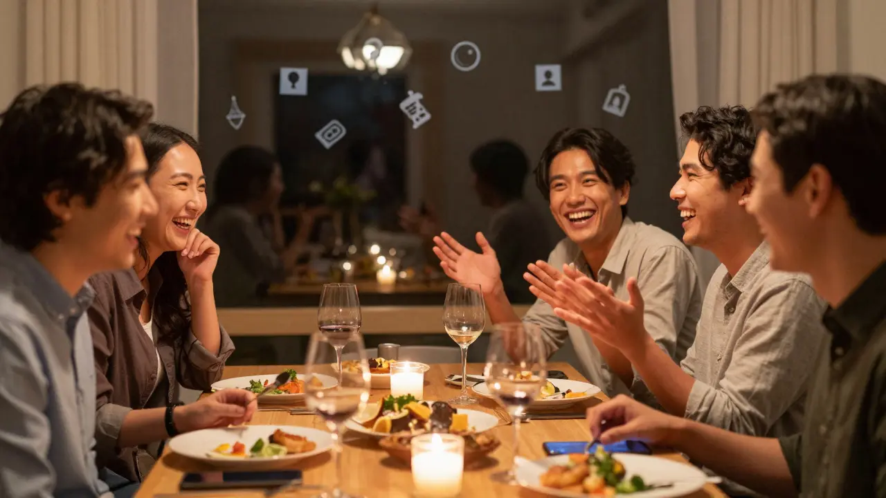 Freunde lachen bei einem Abendessen, ohne Handys, beleuchtet von Kerzenlicht, echte Verbindung im Vordergrund.