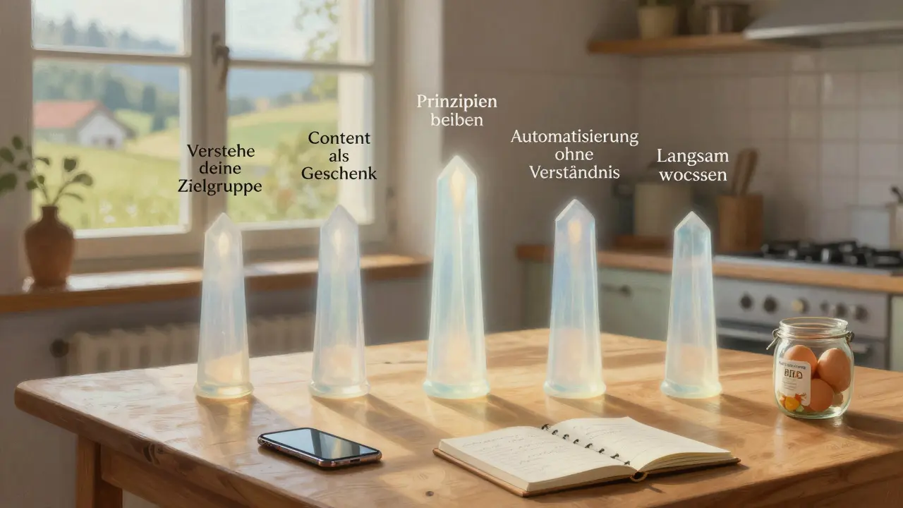 Fünf Lichtsäulen symbolisieren die Grundpfeiler echten digitalen Marketings, beleuchtet von morgendlichem Licht auf einem Küchentisch.