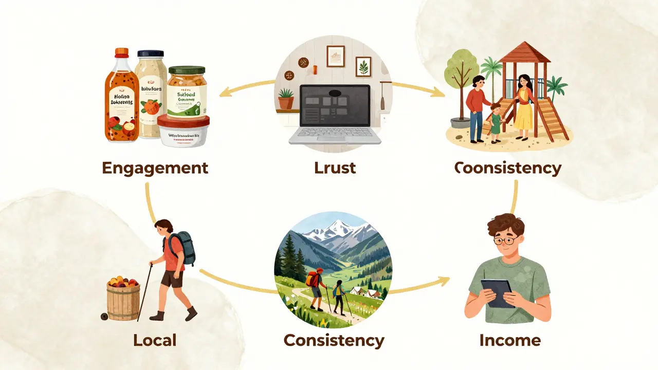 Fünf österreichische Instagram-Nischen: lokale Lebensmittel, Home Office, Eltern mit Kindern, Reisen in Österreich und Finanzen, visuell verbunden durch symbologische Fäden.