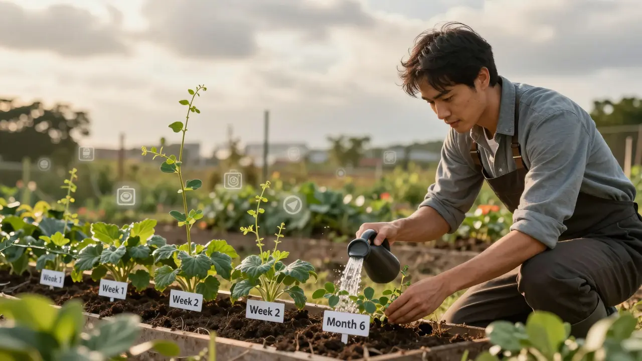 Gärtner gießt Pflanzen mit Social-Media-Icons, Symbol für langfristige Strategieentwicklung.