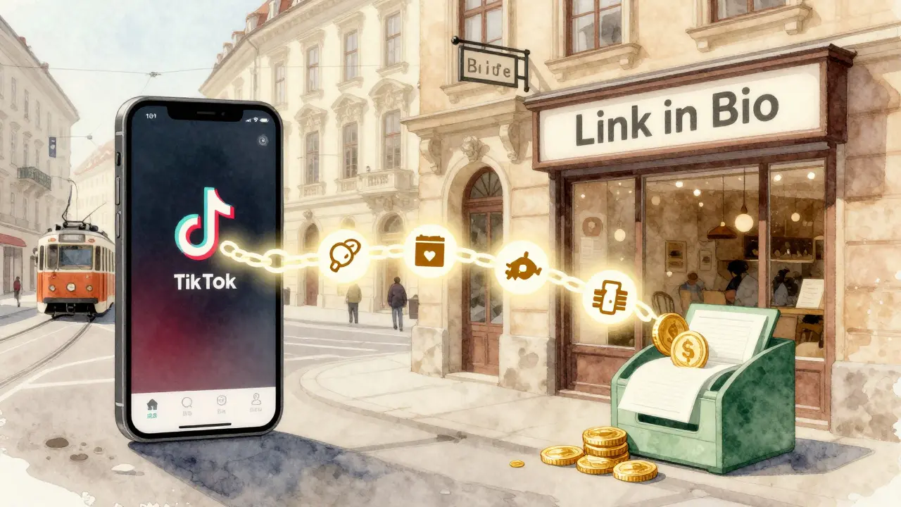 Glowende Verbindung zwischen TikTok-Video und einem Laden mit Verkaufssymbolen, dargestellt als Wasserfarb-Illustration.