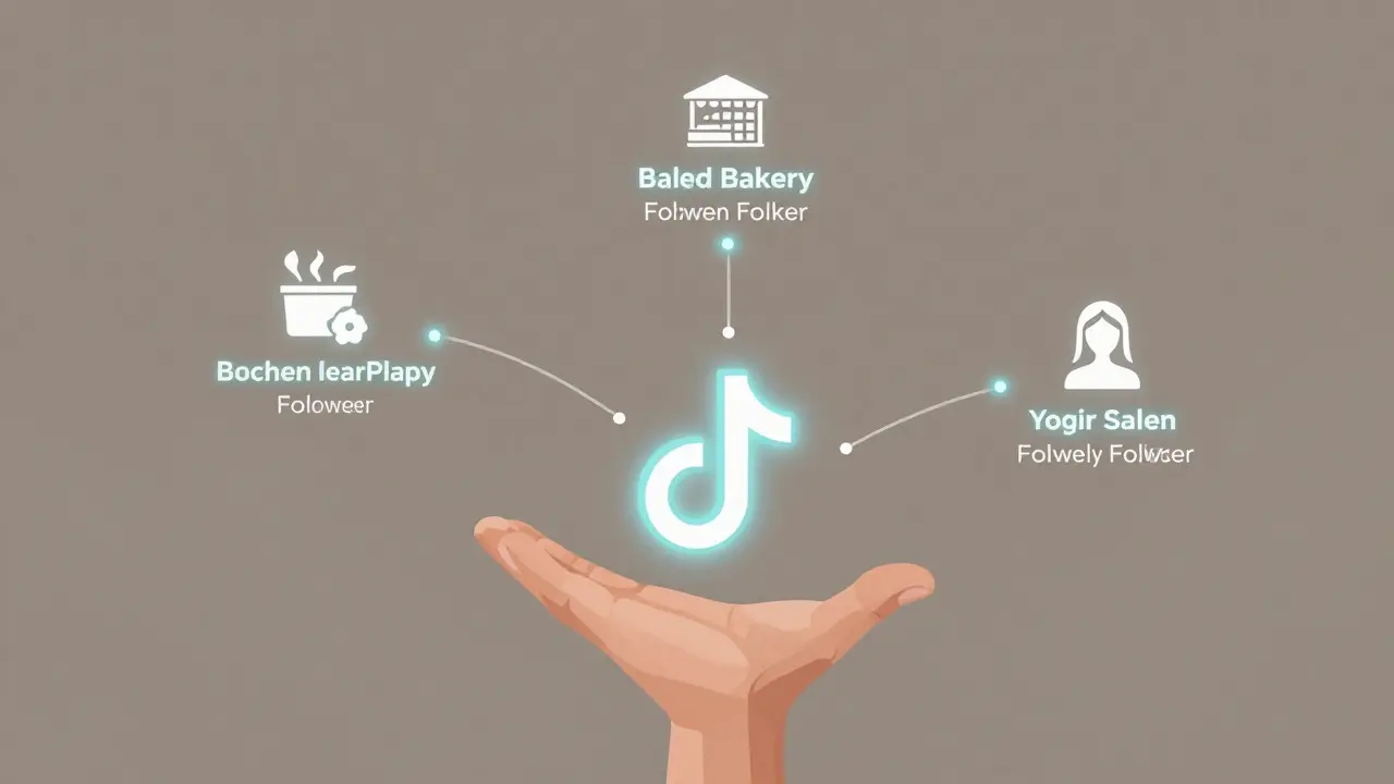 Glowender TikTok-Icon verzweigt sich zu lokalen Geschäften wie Bäckerei, Friseur und Yogastudio mit Datenströmen.