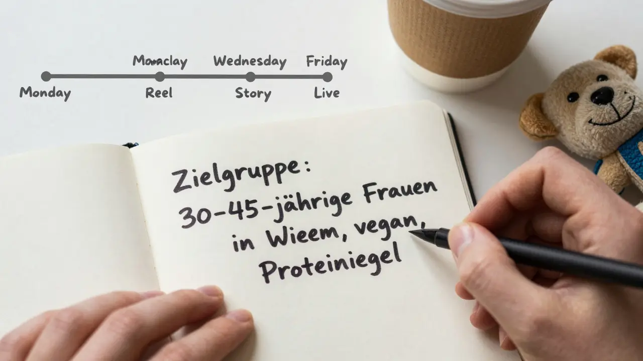 Hand schreibt konkrete Zielgruppenbeschreibung in Notizbuch mit Wochenplan für Social-Media-Posts.