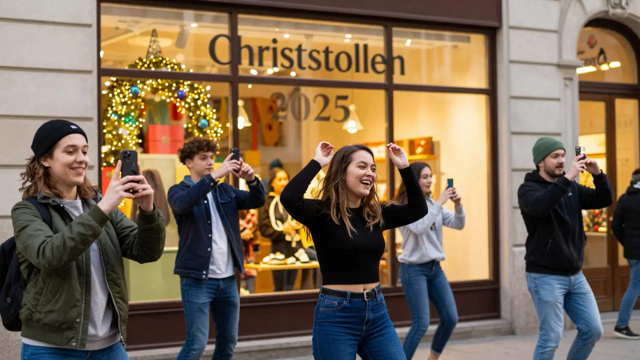 Junge Menschen filmen ein Tanzvideo vor einer Bäckerei in Wien mit warmem Abendlicht.